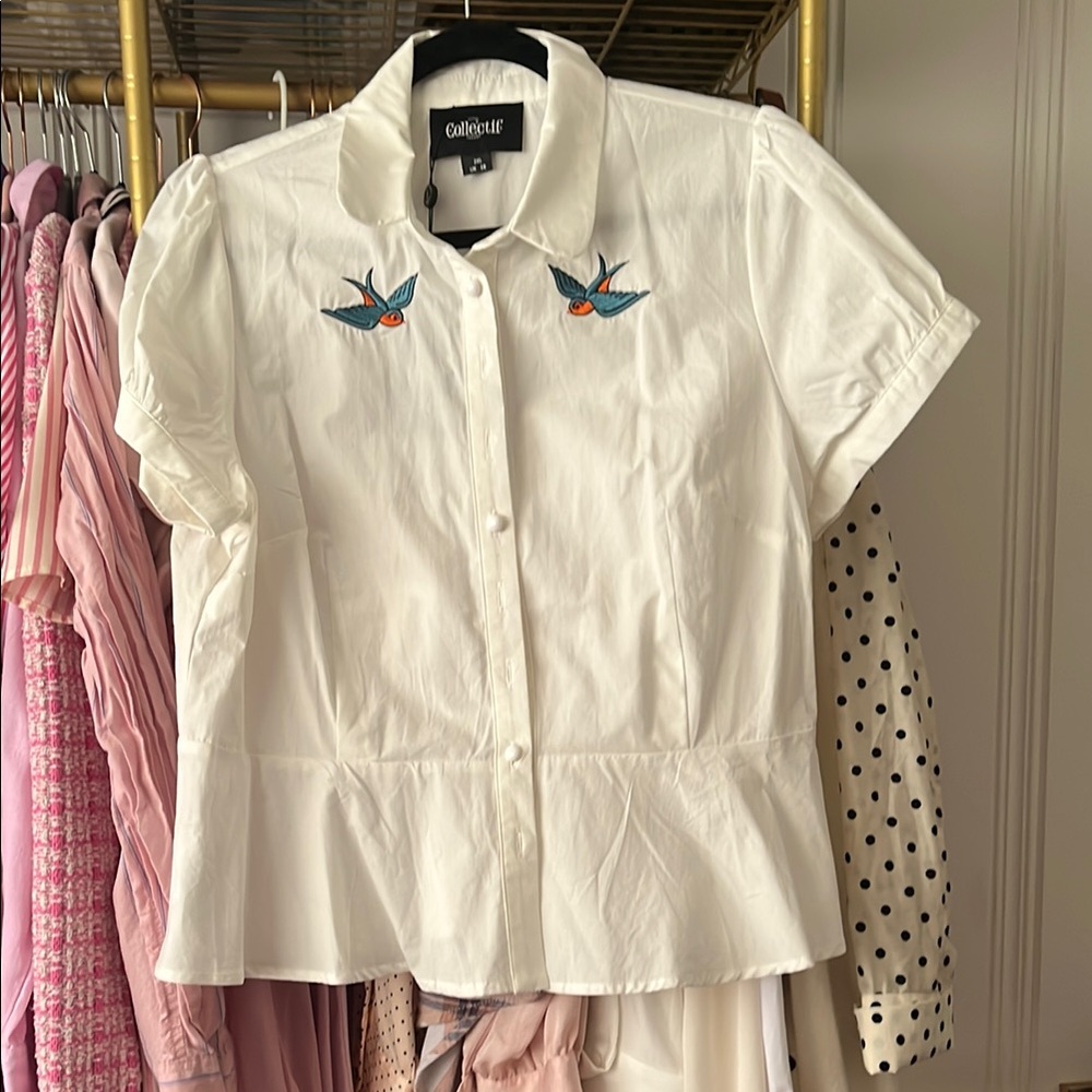 Collectif White Buttoned Peplum Top with Peter Pan Collar